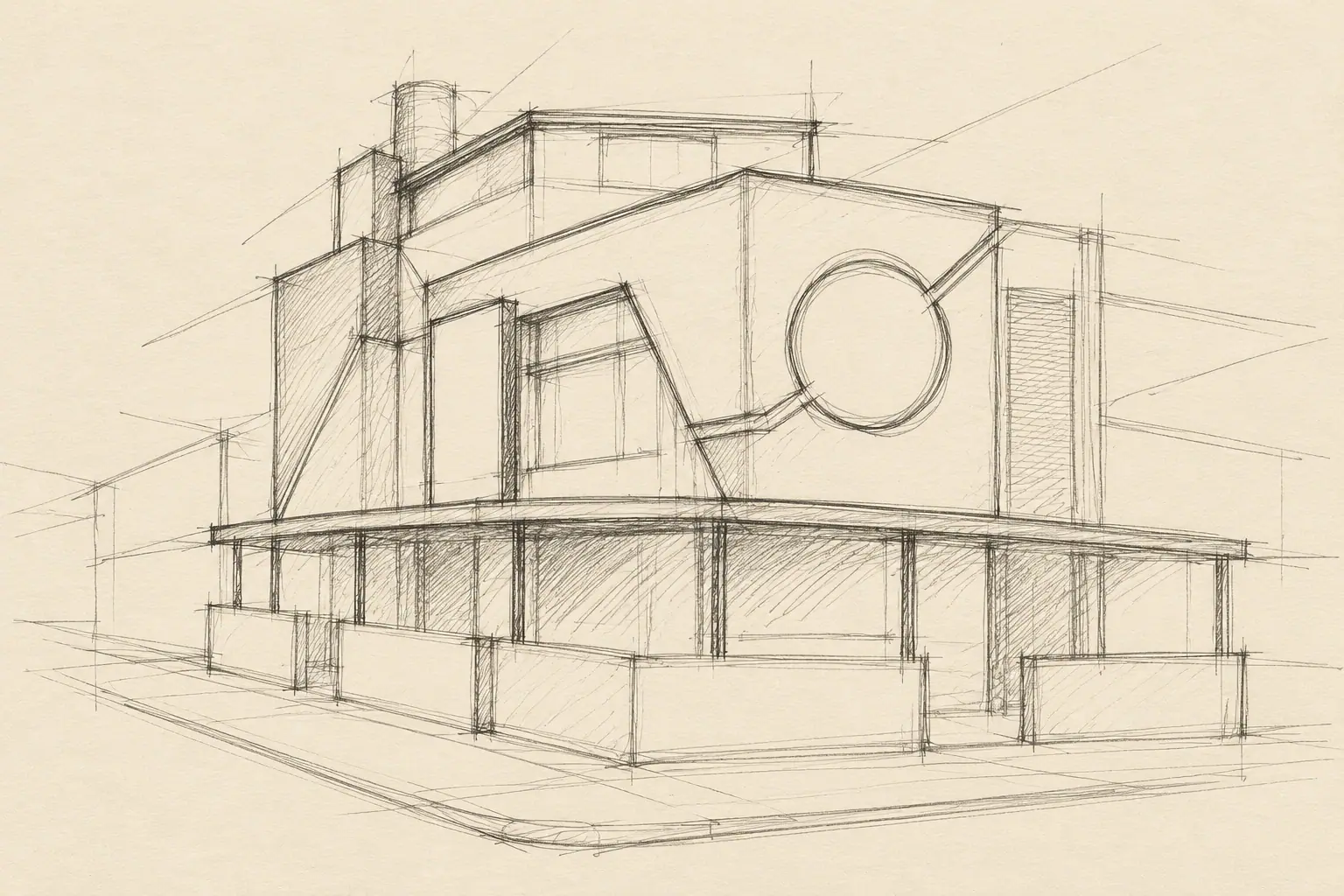 Recreación de un boceto conceptual a lápiz de un edificio de esquina de dos pisos, con un gran círculo en una fachada, una franja vertical en la otra y una terraza cubierta abajo