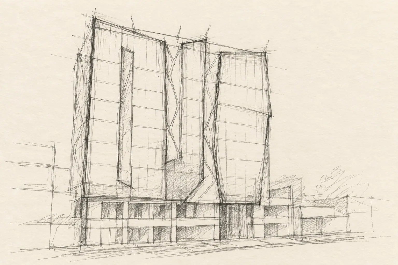 Recreación de un boceto conceptual a lápiz: una torre de vidrio partida en planos inclinados sobre una base de locales