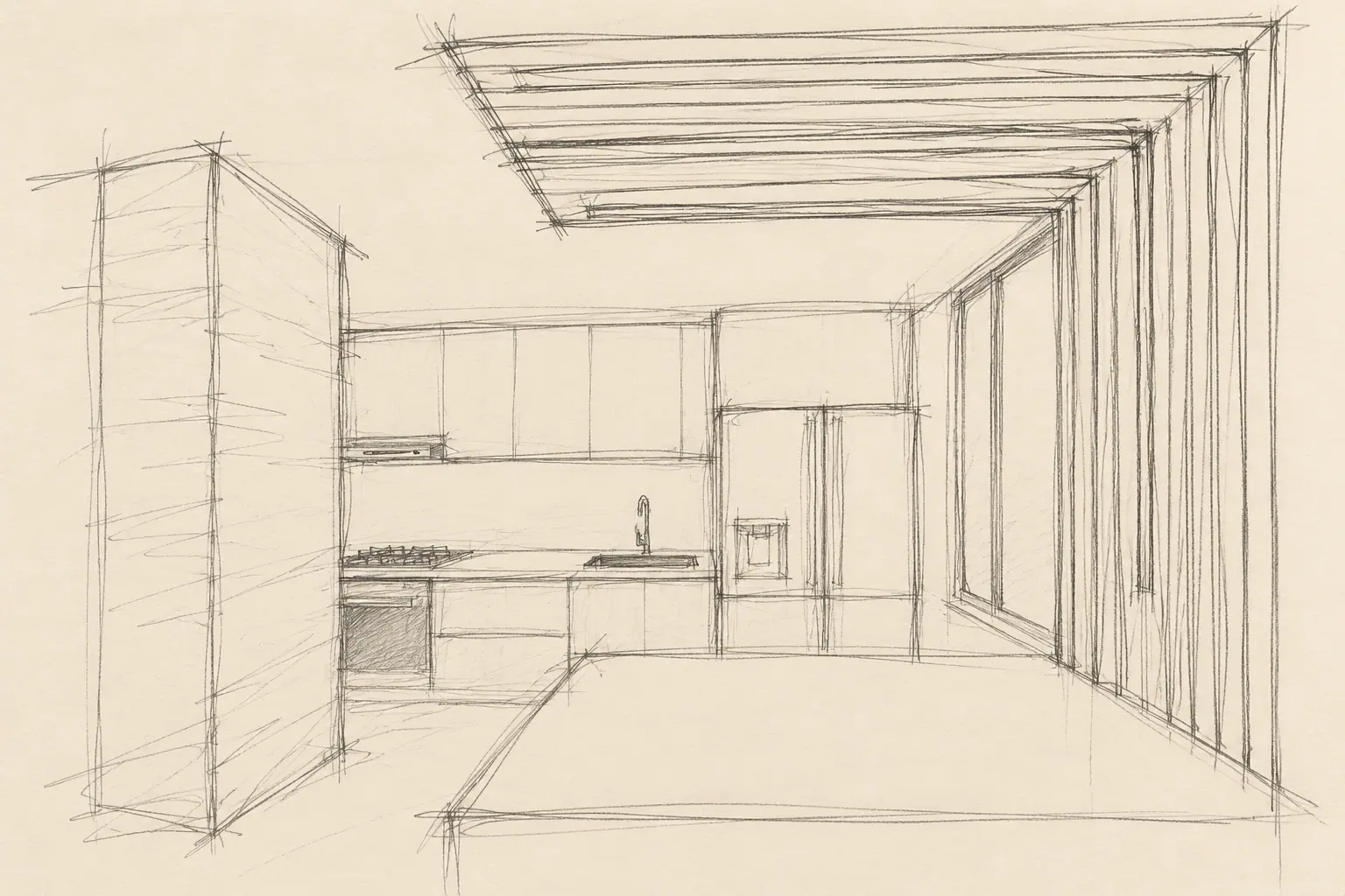 Recreación de un boceto conceptual a lápiz de una cocina abierta, con una columna, un marco de listones que sube por la pared y dobla al techo, y una isla