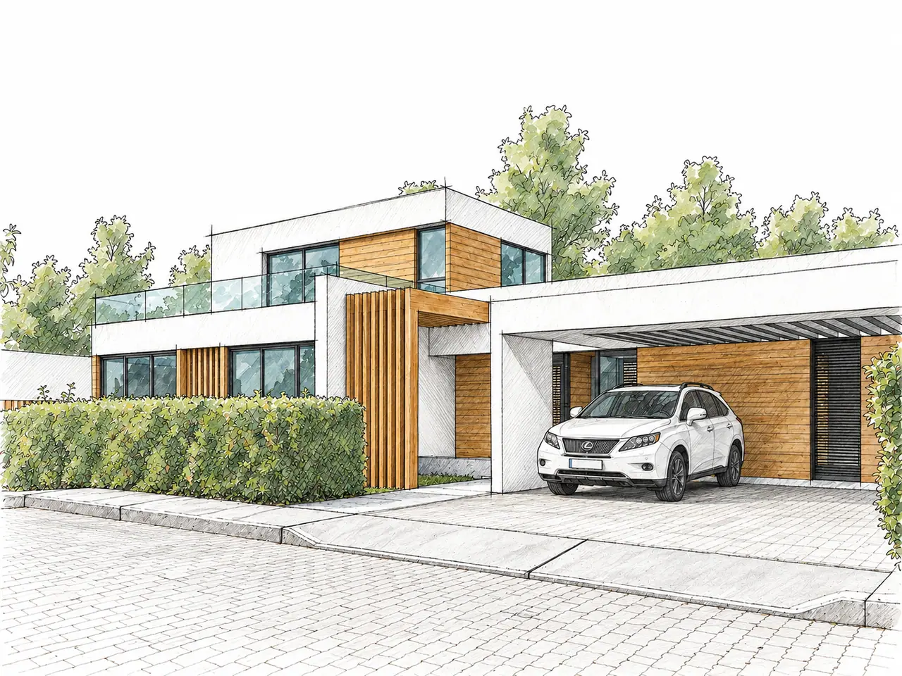 Recreated sketch of Casa Villegas: two white volumes, a wood slat screen and a covered garage facing the street