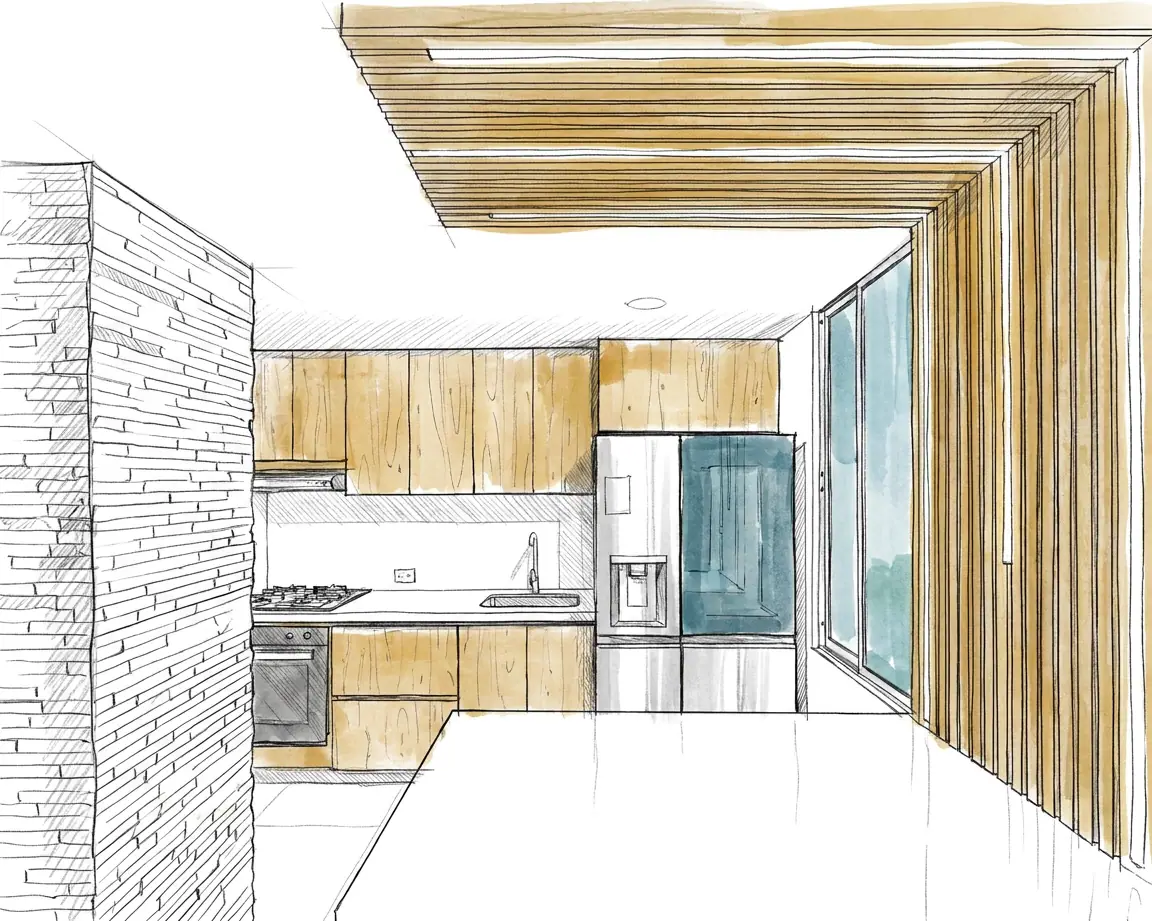 Recreación de un boceto a lápiz y acuarela de la cocina, con la columna revestida en piedra, el marco de listones de madera, muebles en madera, nevera e isla blanca
