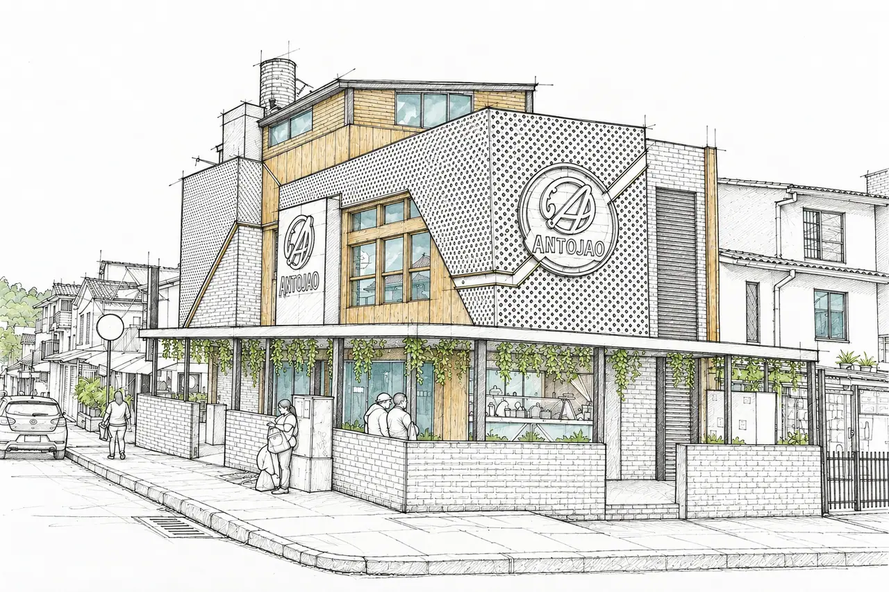 Recreación de un boceto a lápiz de la esquina de Antojao en Popayán, con fachada de paneles perforados, logo circular, letrero vertical, base de ladrillo y terraza cubierta con plantas colgantes