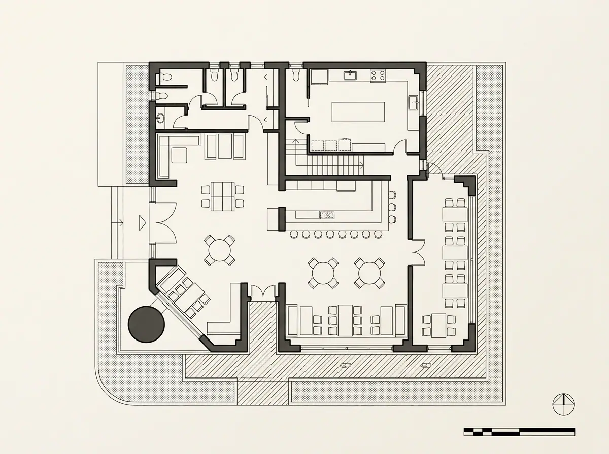 JD’s Factory, planta arquitectónica (dibujo de referencia)