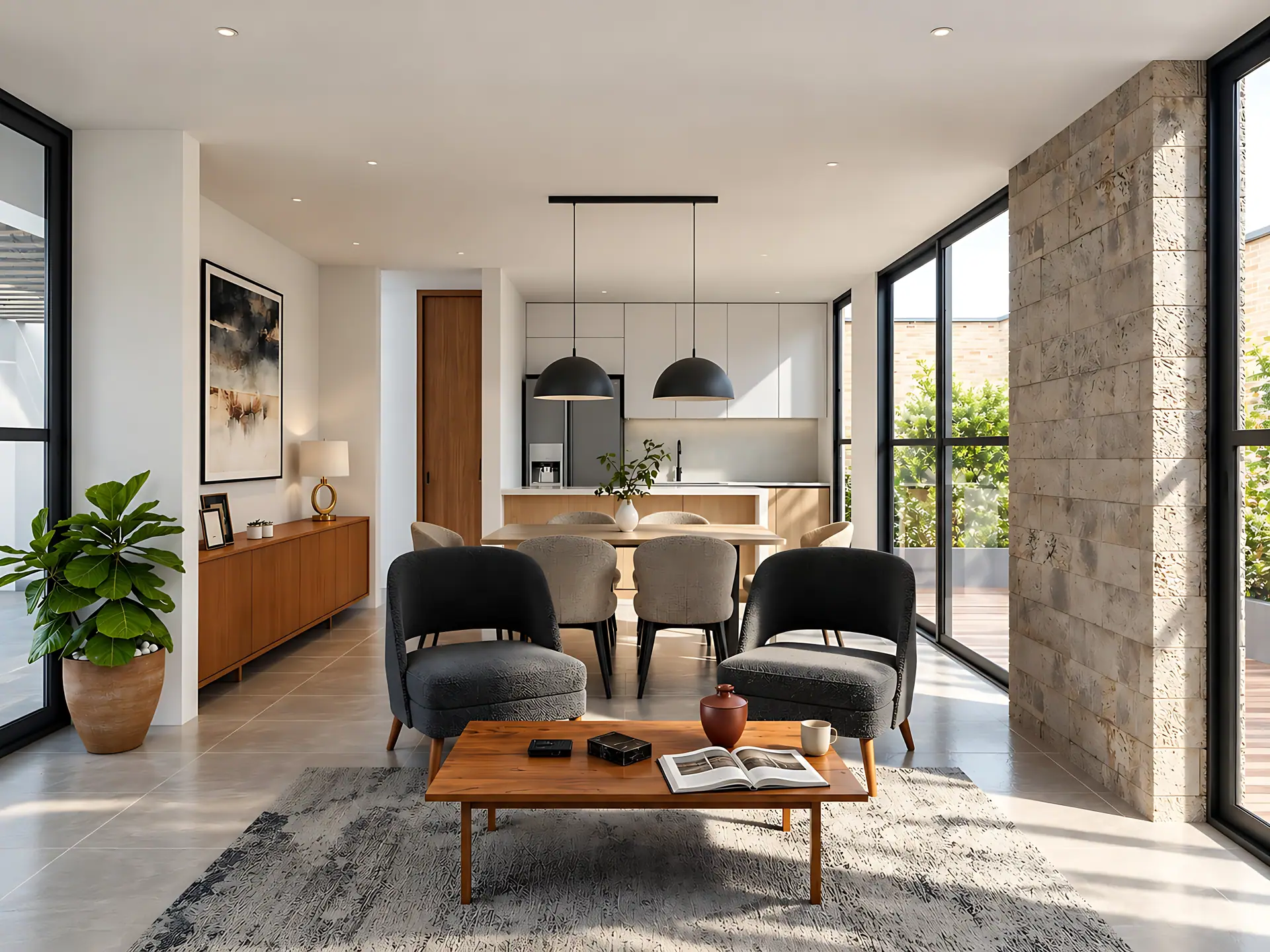 Render de la sala y el comedor